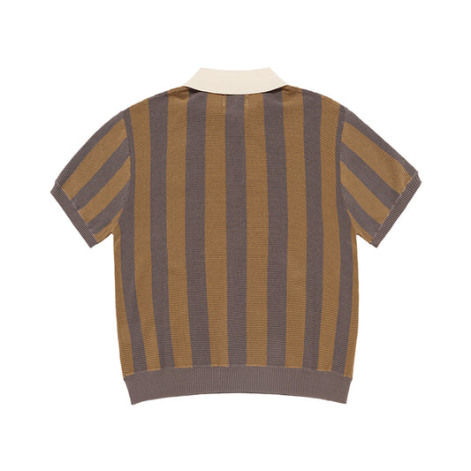 COLLAR POINT STRIPE SHORT SLEEVE KNIT BROWN