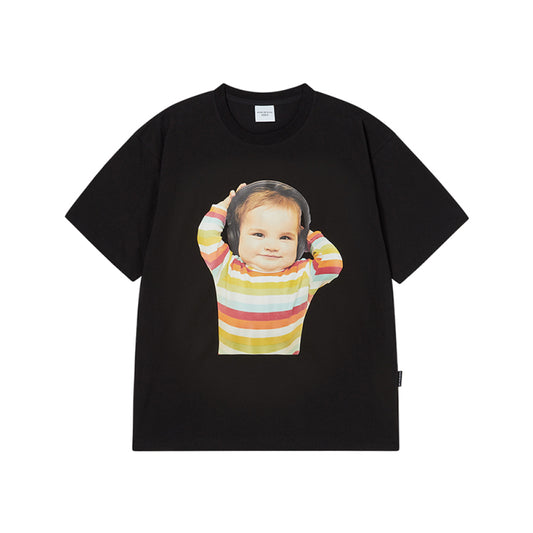 BABY FACE STRIPE HEADSET SLEEVE T-SHIRT BLACK