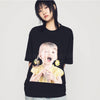 FLOWER EARRINGS GIRL BABY FACE SHORT SLEEVE T-SHIRT (OVERSEAS EXCLUSIVE) BLACK