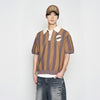 COLLAR POINT STRIPE SHORT SLEEVE KNIT BROWN