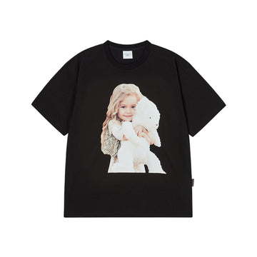 BABY FACE HUG BEAR DOLL SLEEVE T-SHIRT BLACK