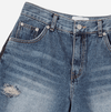 HEM LINE DESTROYED DENIM SHORT PANTS BLUE