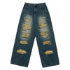 DAMAGE STITCH WASHING DENIM PANTS BLUE