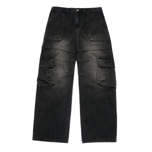 WIDE DENIM FATIGUE CARGO PANTS BLACK