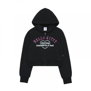 ADLV X SANRIO HELLO KITTY LETTERING CROP HOODIE ZIP UP BLACK