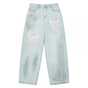 DESTROYED WASHING SPRAY DENIM PANTS LIGHT BLUE