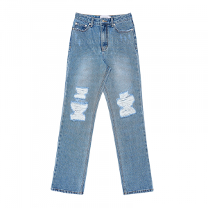 DESTROYED WASHING STRAIGHT DENIM PANTS BLUE FOR WOMEN