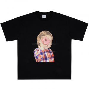 BABY FACE CHECKED SHIRT DONUT SHORT SLEEVE T-SHIRT BLACK