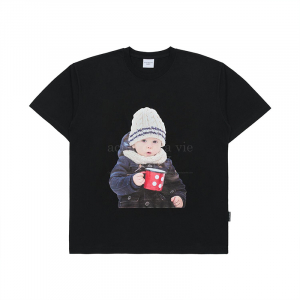 BABY FACE BEANIE MUG CUP SHORT SLEEVE T-SHIRT BLACK