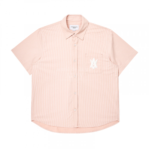 A LOGO EMBLEM PATCH STRIPE SHORT SLEEVE SHIRT PINK