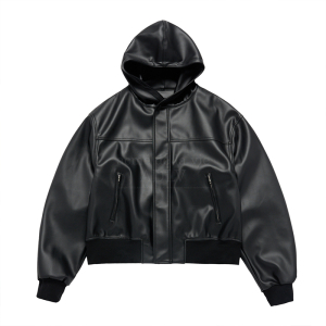VEGAN LEATHER HOODIE JACKET BLACK